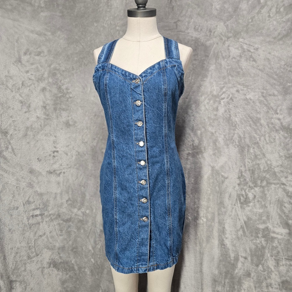Concepts & Design Denim Dress Women 11 Blue Button Front Sleeveless Mini Vtg 90s